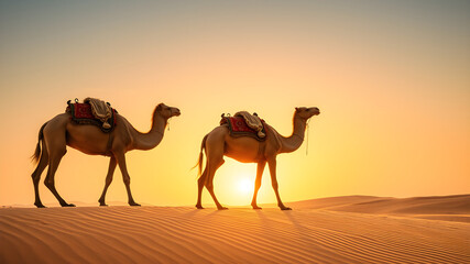 Desert Sunset Caravan, Two majestic camels, adorned with colorful saddles, traverse the golden dunes as the sun sets on the horizon