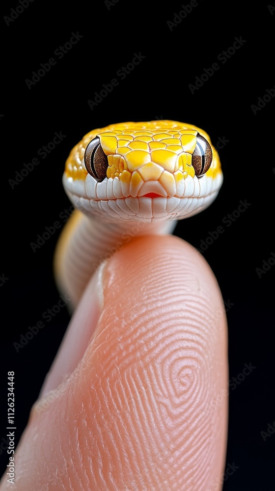 Poster small yellow snake is shown with its head up and looking at the camera. the image has a playful and 