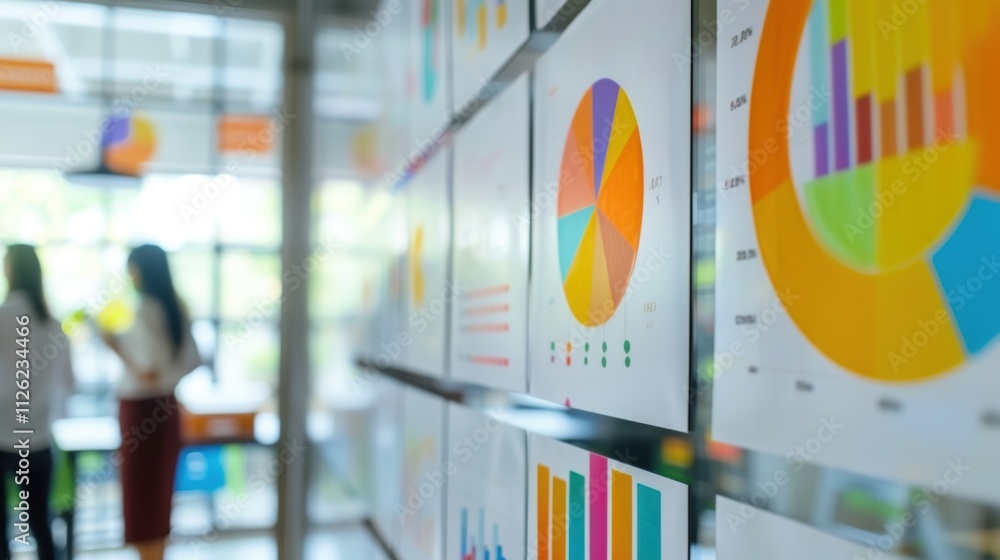 Poster a series of colorful charts and graphs displayed on a wall showcasing the results of the companys ef