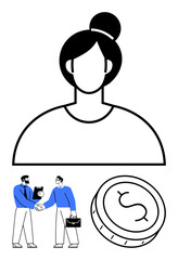 Female avatar above a scene of two business professionals shaking hands and a large coin icon. Ideal for financial services, business partnerships, career growth, investments, payment systems