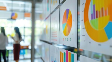 A series of colorful charts and graphs displayed on a wall showcasing the results of the companys efforts towards establishing a continuous learning culture a its manufacturing