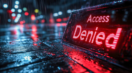 Glowing access denied sign in a rainy night city scene