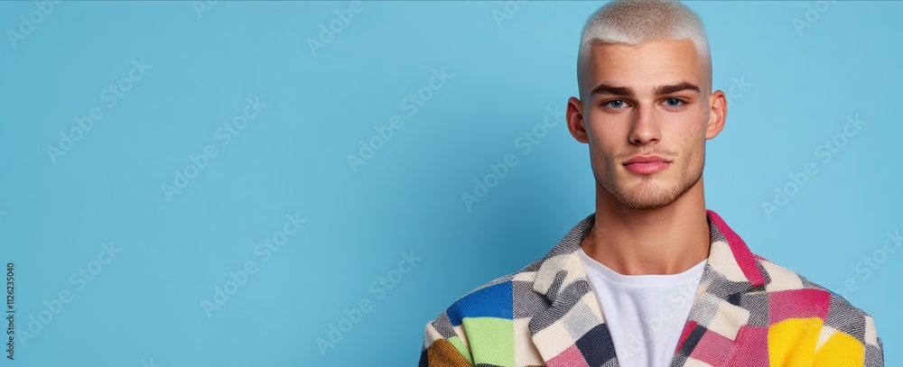 Poster man with a shaved head and a beard is wearing a colorful jacket. he is smiling and looking at the ca