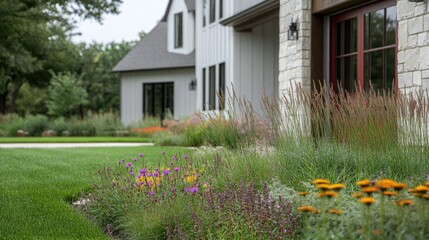the front yard of an American suburban home, featuring lush green grass and colorful flowers in the flower beds.