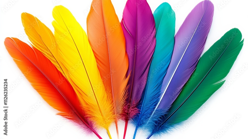 Aufkleber row of colorful feathers are arranged in a rainbow pattern. the feathers are of different colors, in
