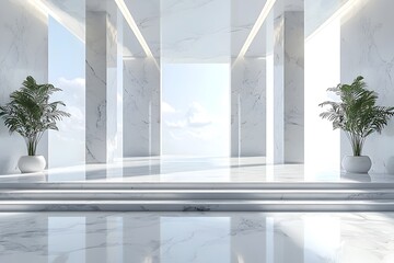 Luxurious Marble Lobby with Elegant Columns and Lush Potted Plants in Modern Hotel Interior