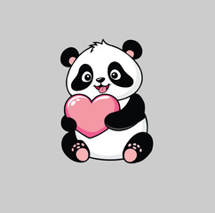 design greeting card for valentine's day. cute little panda. heart. gray background. black and white bear. vector. illustration
