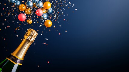 Bottle of champagne is opened and the bubbles are floating in the air. The bottle is on a blue background