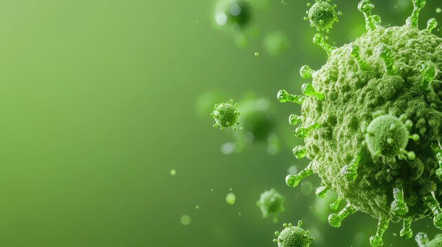 Matcha superfood antioxidant immune boost. Microscopic view of green virus particles on a blurred green background.