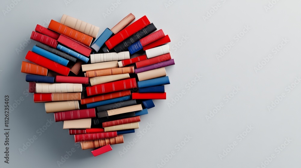 Poster heart made of books is displayed on a white background. the heart is made up of many different color