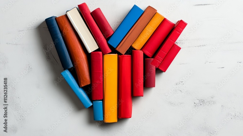 Poster heart made of books is on a white background. the books are of different sizes and colors, and they 