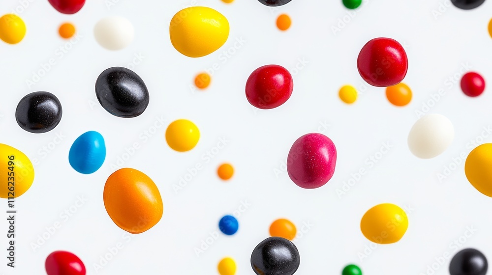 Poster colorful assortment of candy is floating in the air. the candy is in various shapes and sizes, with 