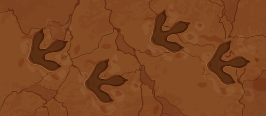 Prehistoric era dinosaur fossil footprints vector background. Cartoon dino animal foot prints or extinct reptile paw traces in brown stone. Tyrannosaurus dinosaur fossil footprints, archeology themes © Vector Tradition