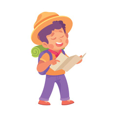 Boy Scout Character in Hat and Backpack Walking with Map Vector Illustration