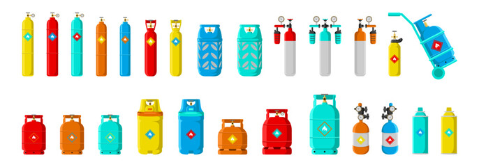 A Collection Of Various Sizes And Colors Of Gas Cylinders