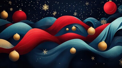 A festive illustration of red and blue flowing shapes, golden baubles floating gracefully, and snowflakes in a magical dark holiday setting