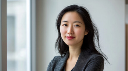 Young Woman Standing by Window with Natural Light, Smiling Confidently in Modern Office Environment, Professional Attire, Focused and Engaged Expression