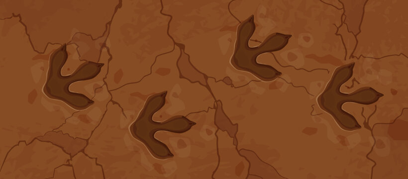 Prehistoric era dinosaur fossil footprints vector background. Cartoon dino animal foot prints or extinct reptile paw traces in brown stone. Tyrannosaurus dinosaur fossil footprints, archeology themes