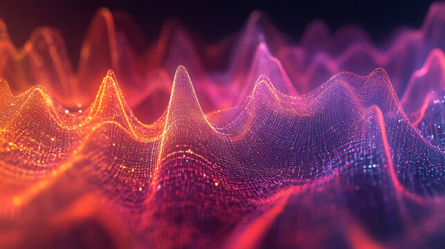 Abstract vibrant waveforms representing sound frequencies with glowing points of light, conveying a sense of motion and energy in a digital landscape.