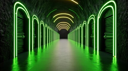 A futuristic corridor lined with glowing green doors, creating a vibrant and eerie atmosphere.