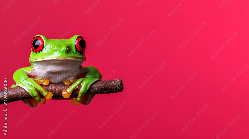 Poster green frog is perched on a branch. the frog is looking at the camera with its eyes wide open. the ba