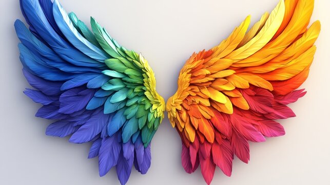 The wings of a bird are shown in a rainbow of colors. Concept of freedom and beauty, as the vibrant colors of the feathers contrast with the white background