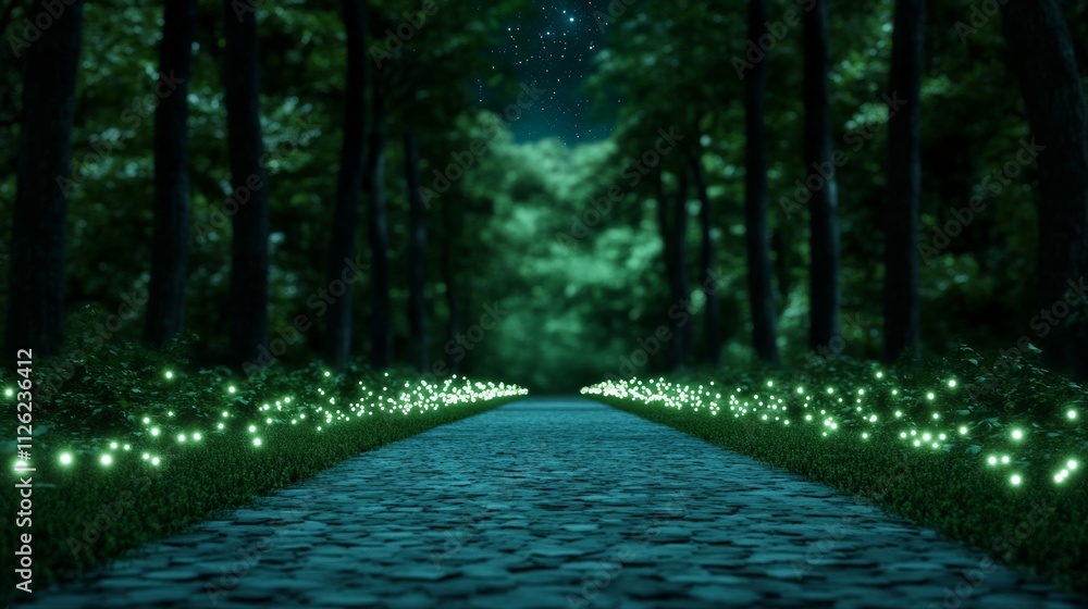 Poster a tranquil forest scene during earth hour with fireflies glowing softly around trees and a distant v