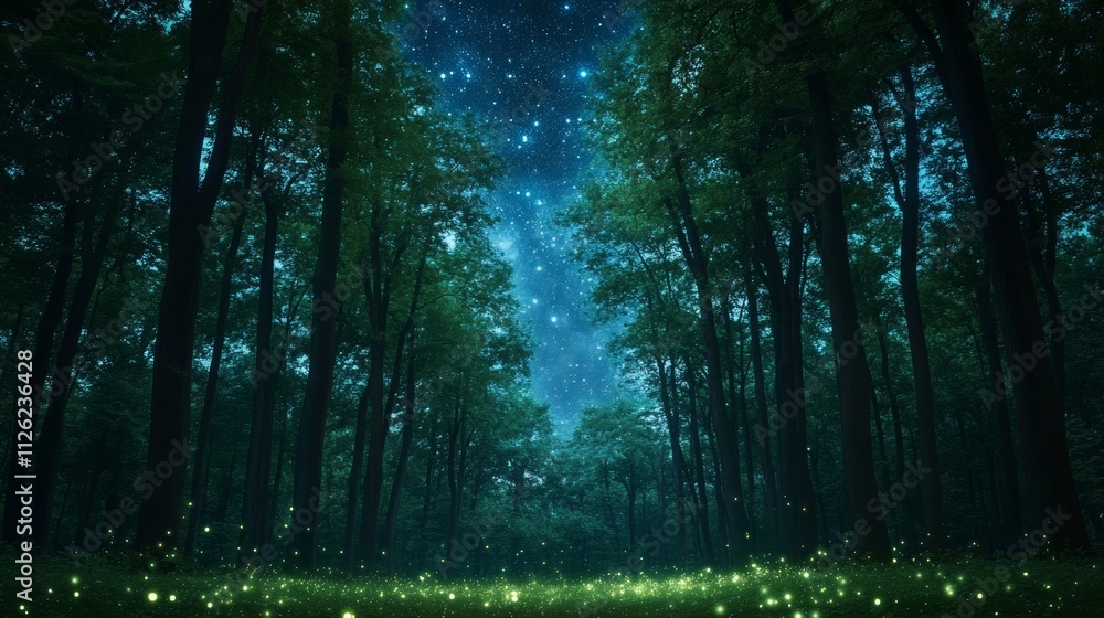 Poster a tranquil forest scene during earth hour with fireflies glowing softly around trees and a distant v