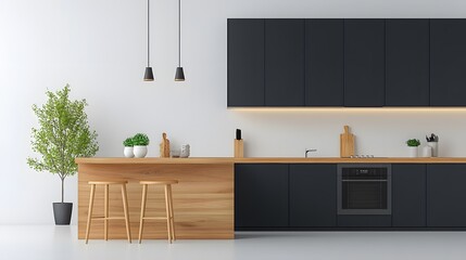 Fototapeta premium Kitchen mockup with glass cabinets, modern appliances, clean lines, 3D isometric view, white backdrop