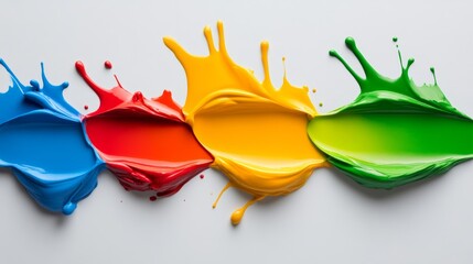 Colorful paint splatter with red, yellow, green, and blue colors. The splatter is in the shape of a rainbow and is spread across a white background. Concept of creativity and playfulness
