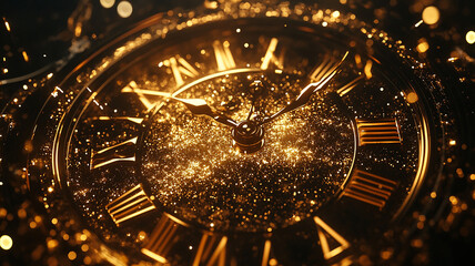 abstract modern glowing timeless clock with new year concept, happy new year clock with glittering bokeh lights, clock of digital times with sparkles.