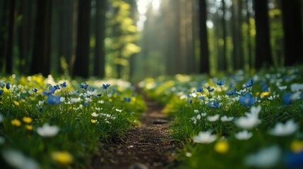 Fototapeta premium A tranquil spring forest in the Black Forest, Germany, with trails winding through blooming wildflowers, bright green leaves, and warm golden light filtering through the trees 