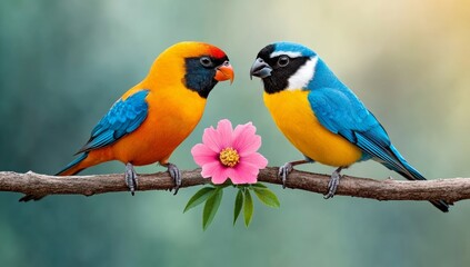 Naklejka premium Two birds are perched on a branch with a pink flower in between them. The birds are of different colors, one is yellow and the other is blue. Concept of harmony and beauty, as the birds