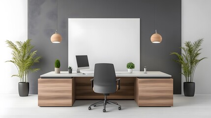 Contemporary office with adjustable desks and sleek chairs, 3D isometric render, white backdrop