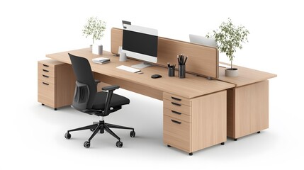 Professional office setup with ergonomic seating, modern devices, 3D isometric view, white background
