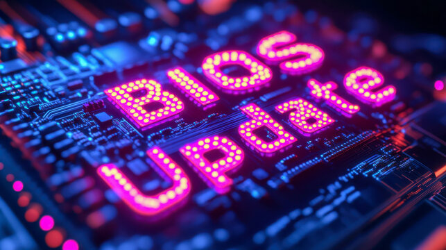 Neon bios update on circuit board with glowing purple lights