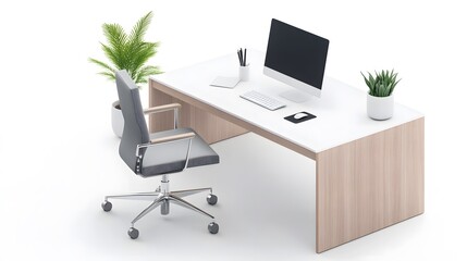 Fototapeta premium Modern office interior, adjustable chairs, innovative technology, 3D isometric view on white
