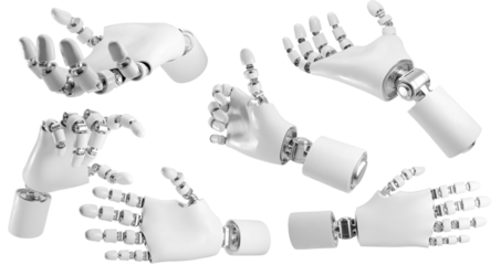 Prothesis. Device made in shape of human hand to replace lost natural one against transparent background. Set with gestures. Concept of health, medicine, science and anatomy.