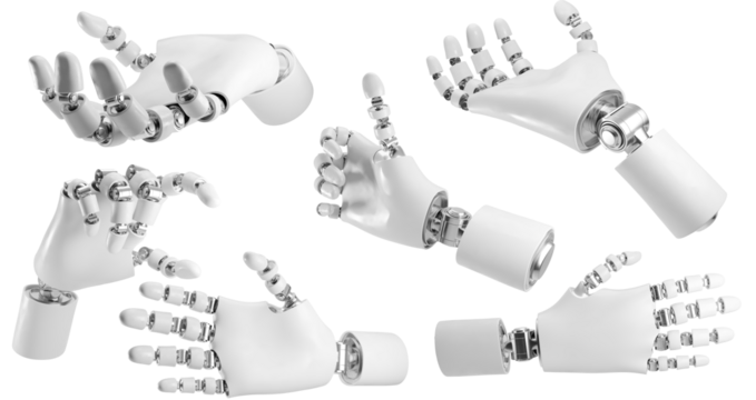 Prothesis. Device made in shape of human hand to replace lost natural one against transparent background. Set with gestures. Concept of health, medicine, science and anatomy.