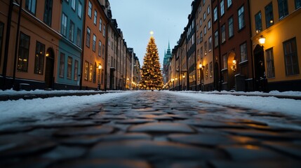 A whimsical Christmas scene in Stockholm’s Gamla Stan, with colorful historic buildings, a...