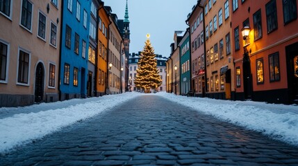 A whimsical Christmas scene in Stockholm’s Gamla Stan, with colorful historic buildings, a...