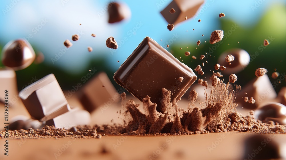 Poster chocolate bar is being smashed into pieces, creating a mess of chocolate and crumbs. concept of chao