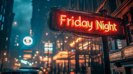 Neon friday night sign illuminating rainy city street scene at night