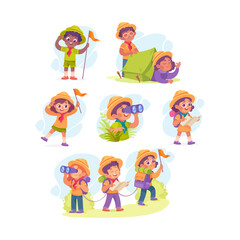 Boy and Girl Scout Character in Hat Vector Illustration Set