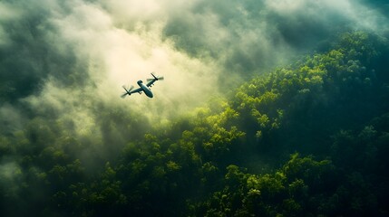Fototapeta premium Stealth Drone Flying Over Lush Green Forest Landscape with Soft Sunlight Breaking Through Clouds