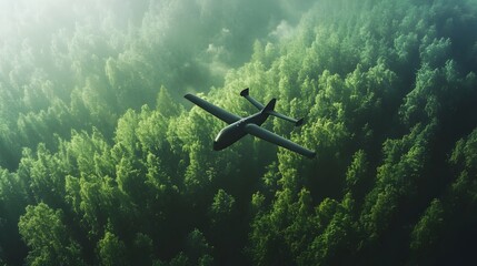 Naklejka premium Stealth Drone Soaring Over Verdant Forest Landscape in Soft Daylight