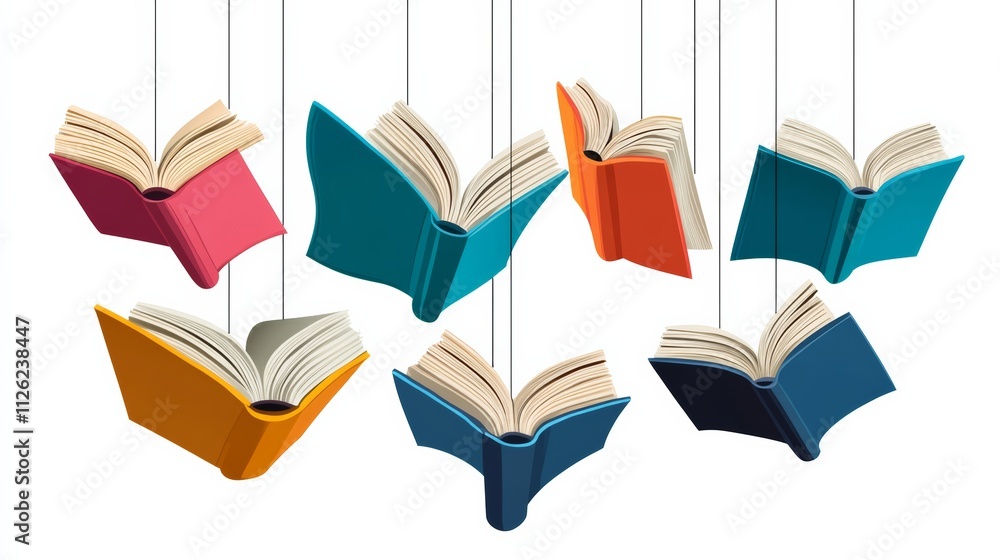 Poster series of books hanging from the ceiling in various colors. the books are open to different pages, a