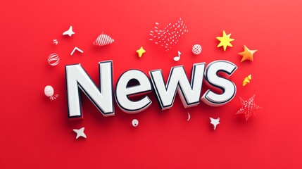 Fototapeta premium Red background with a white word that says news. The word is surrounded by stars and other shapes