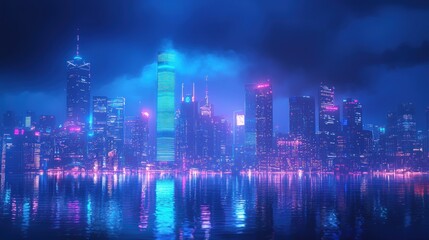 Fototapeta premium Neon Cityscape at Night: A Futuristic Metropolis Reflected in Calm Waters