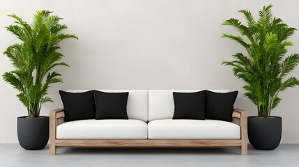 Fototapeta premium Urban jungle room decor, white sofa, black cushion, natural wooden furniture, indoor plants, blank wall, 3D render